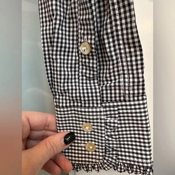 Peter Millar Black White Checkered Button Down Ruffle Collar Sleeve Blouse XS - Picture 4 of 10